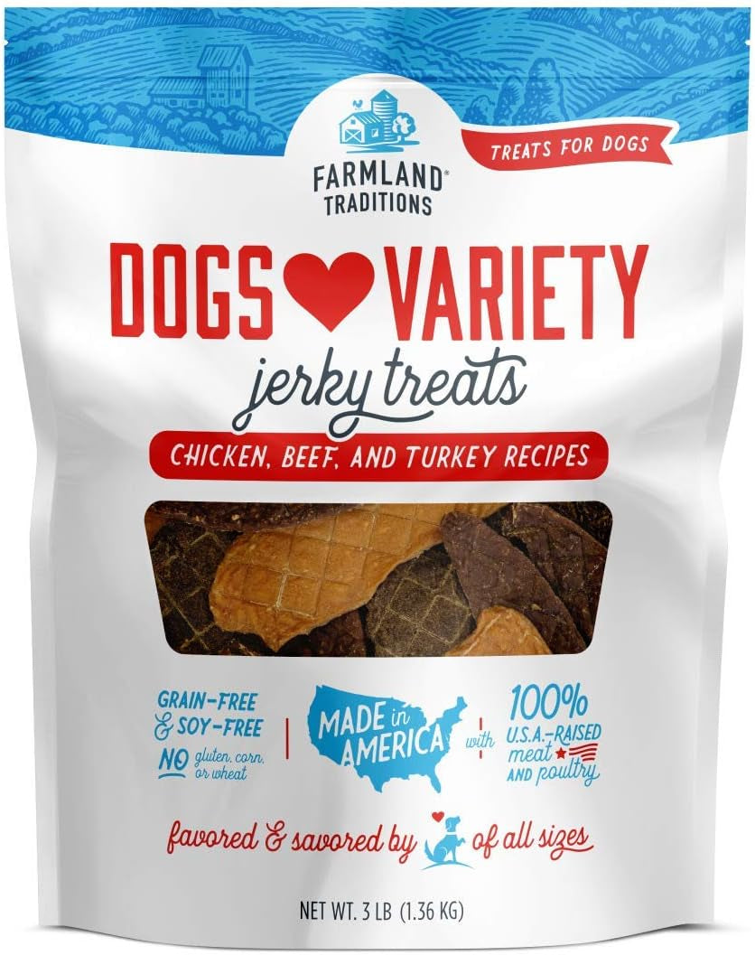 Farmland Traditions Dogs Love Jerky Dog Treats, Premium Dog Jerky Variety Pack with Chicken, Beef & Turkey, 3 Pound Bag