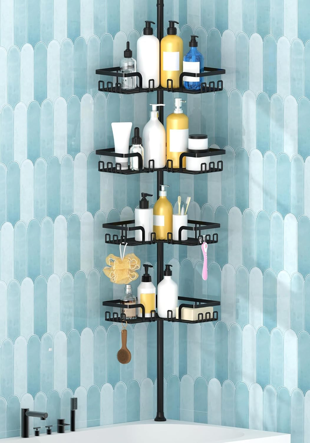 KEGII Shower Caddy Corner Tension Pole, Bathroom Organizer, 4-Tier Black