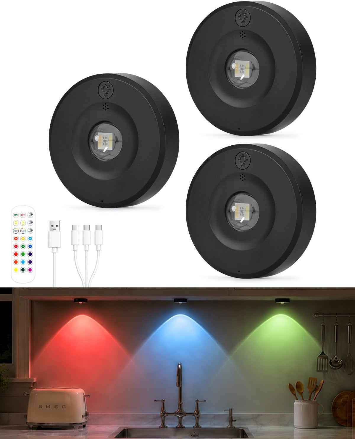 RGB Puck Lights with Remote Control, 1800Mah Rechargeable Battery, Dimmable & Timer under Cabinet Lighting for Kitchen, Bedroom, Closet -Black 3 Pcs