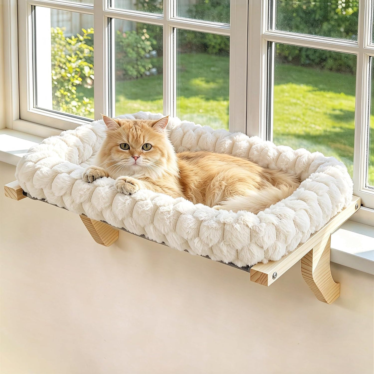Cloud-Soft Wooden Cat Window Sill Perch with Zipper Cushion,M White