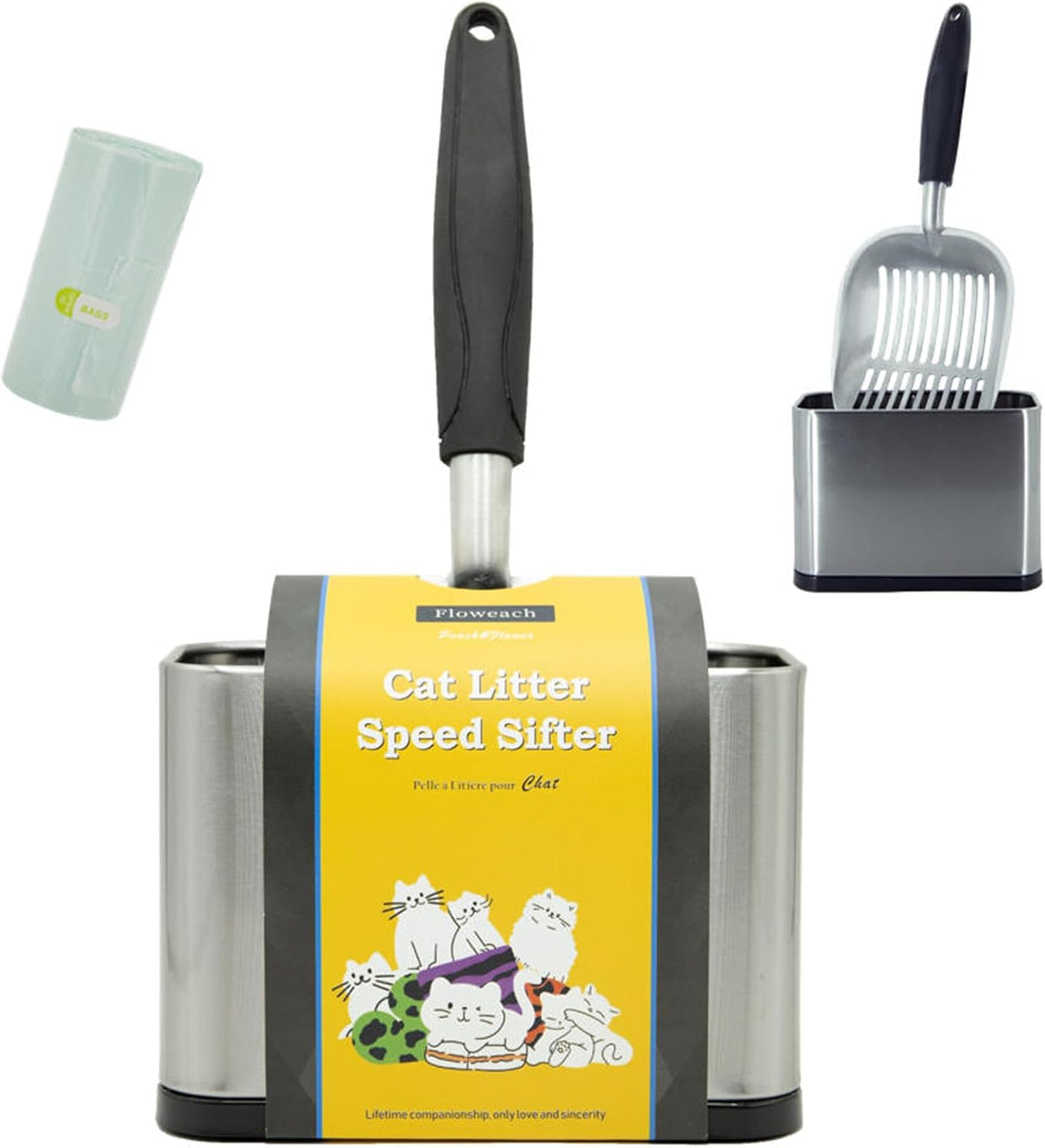 Heavy-Duty Cat Litter Scoop with Holder&Litter Bags, Metal Cat Scooper with Bags, Stainless Steel Kitty Poop Sifting Shovel Captures All Clumps, Speed Sifter Litter Box Scooper with Caddy