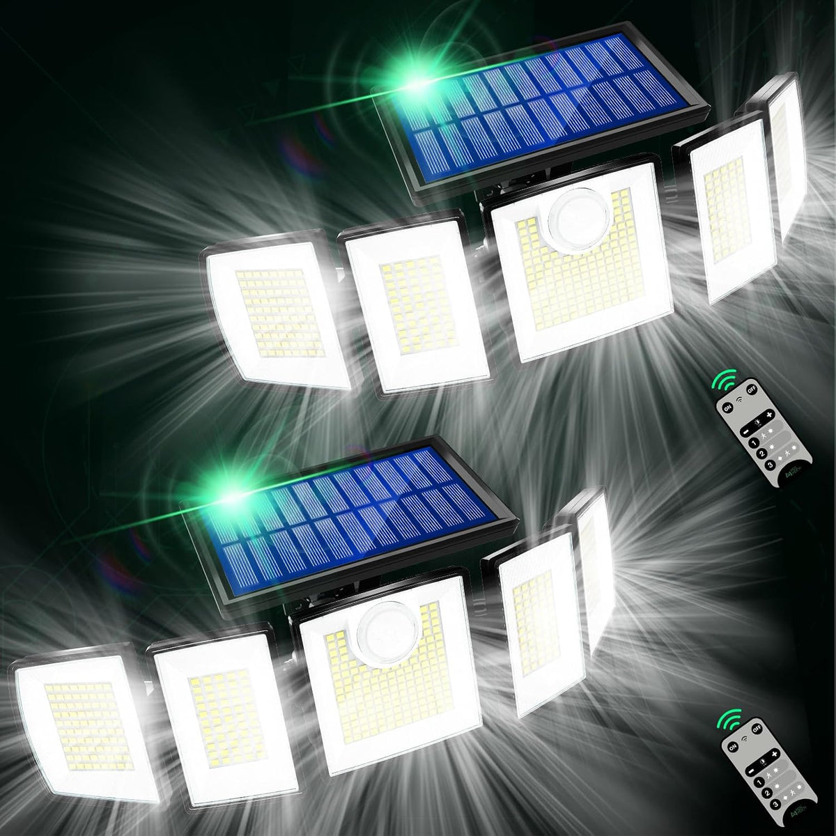 MDCMDCM Solar Lights Outdoor Waterproof Motion Sensor - 416 Leds 3000 Lumens Super Bright 3 Brightness 3 Modes 360° Illumination 32Ft Solar Flood Security Light for outside (With Remote Control, 2)