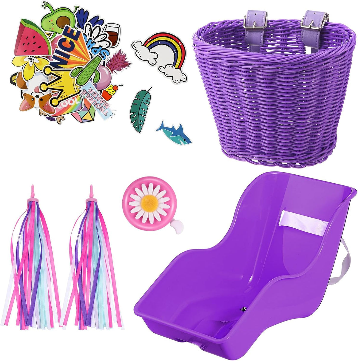 Aurelema Doll Bike Seat with Basket 28 Pcs Stickers Streamers Bell