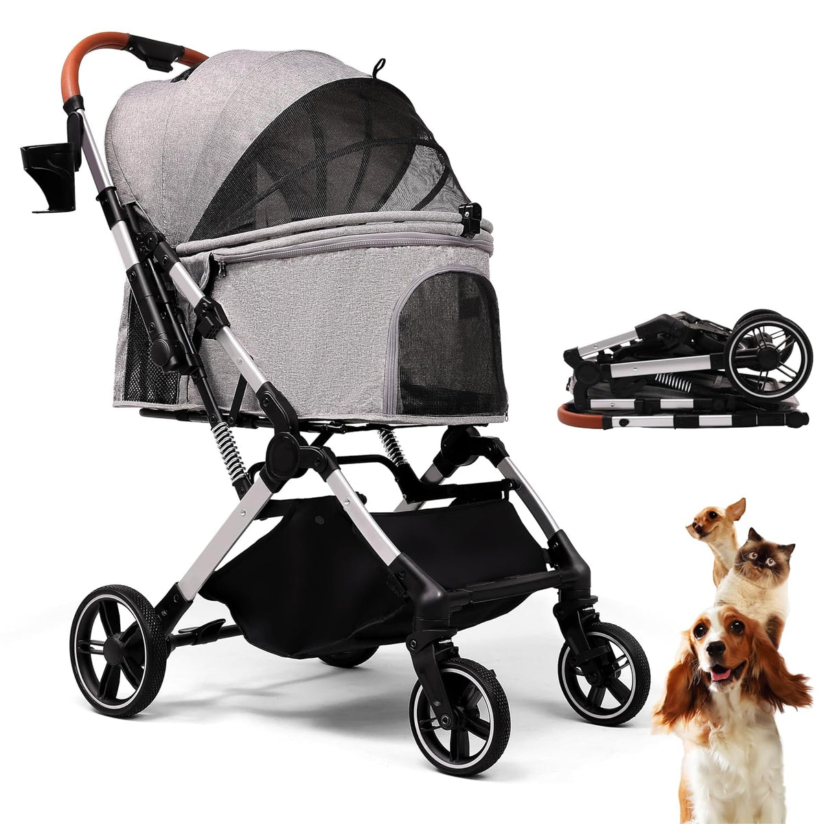 Bicystar Foldable Dog Stroller for Small Medium Dogs & Cats, 35 Lbs, Grey