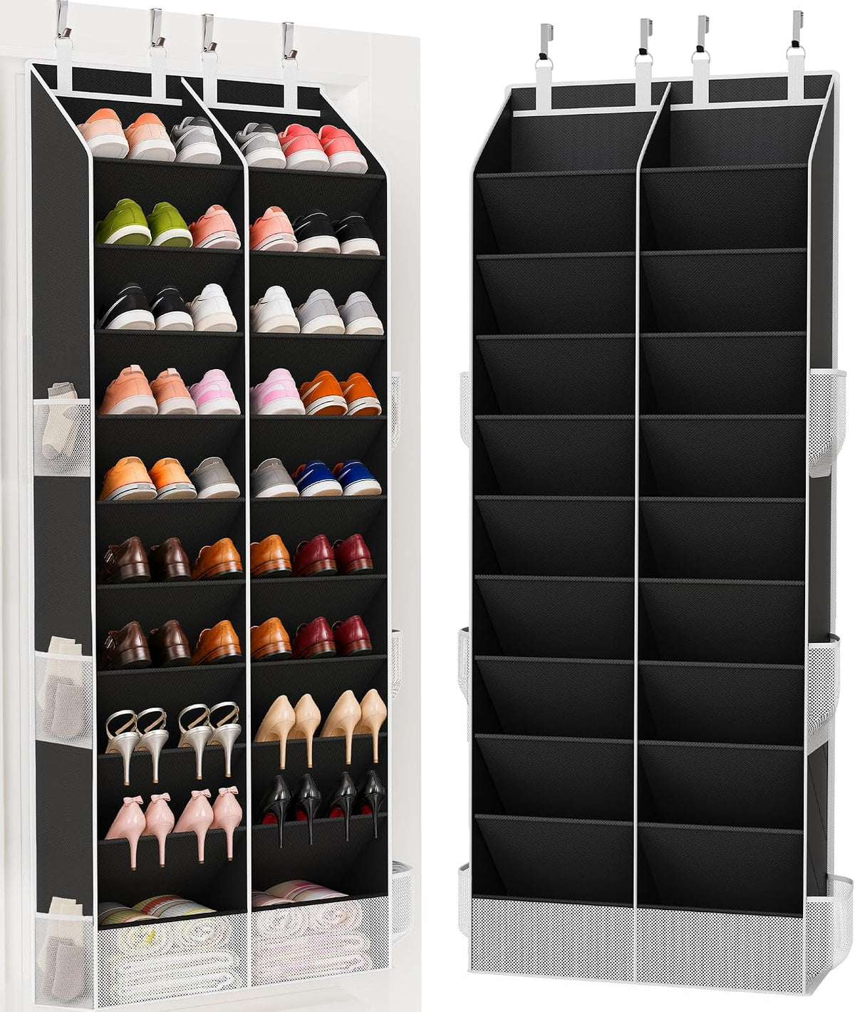 Criusia over the Door Shoe Organizer, 20-30 Pairs Heavy-Duty Hanging Shoe Storage with Large Pockets, 10-Tier Door Shoe Rack with 4 Hooks for Sneakers Sandals Heels Boots (Black)