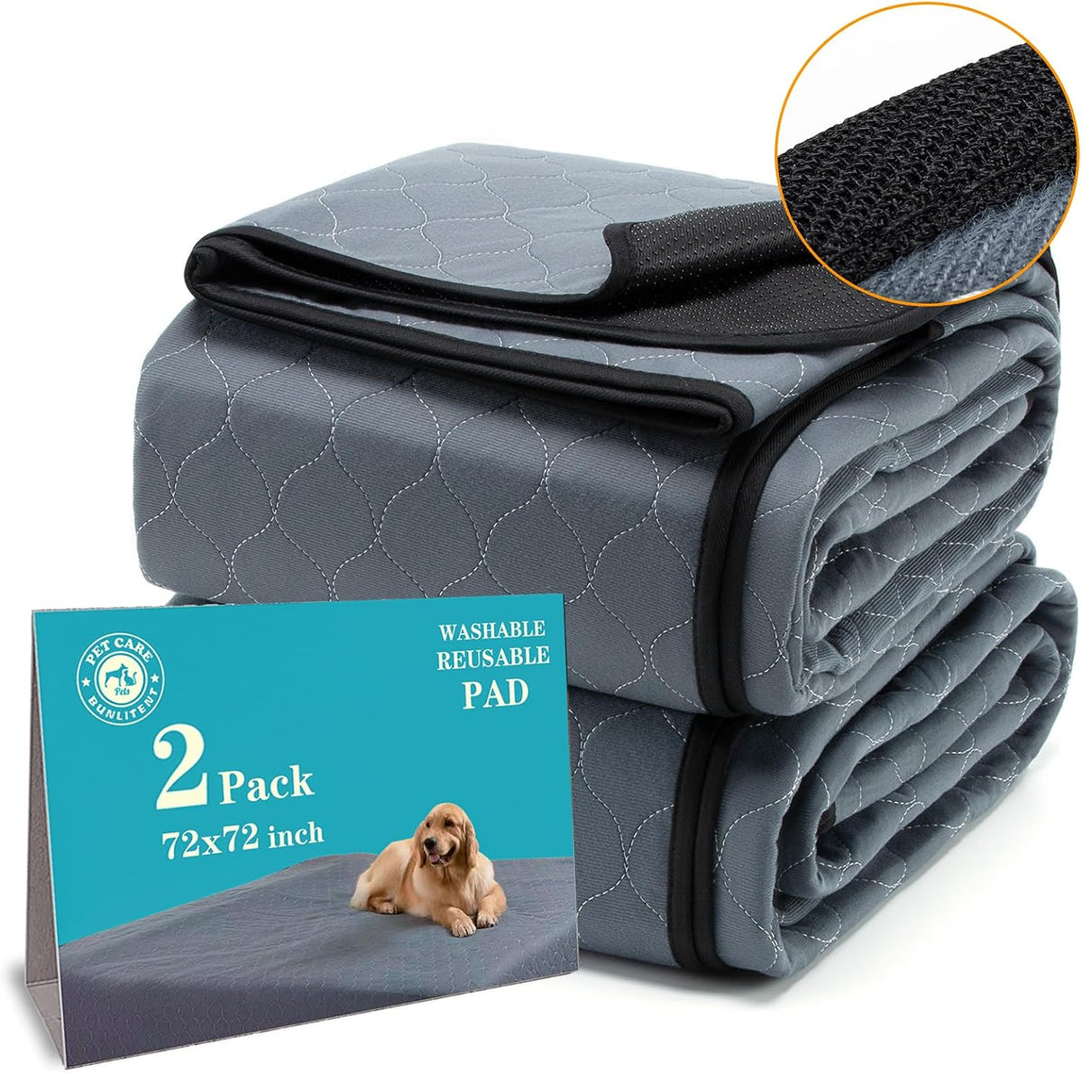 Bunlitent Extra Large Washable Pee Pads for Dogs 72" X 72", 2 Pack, Grey