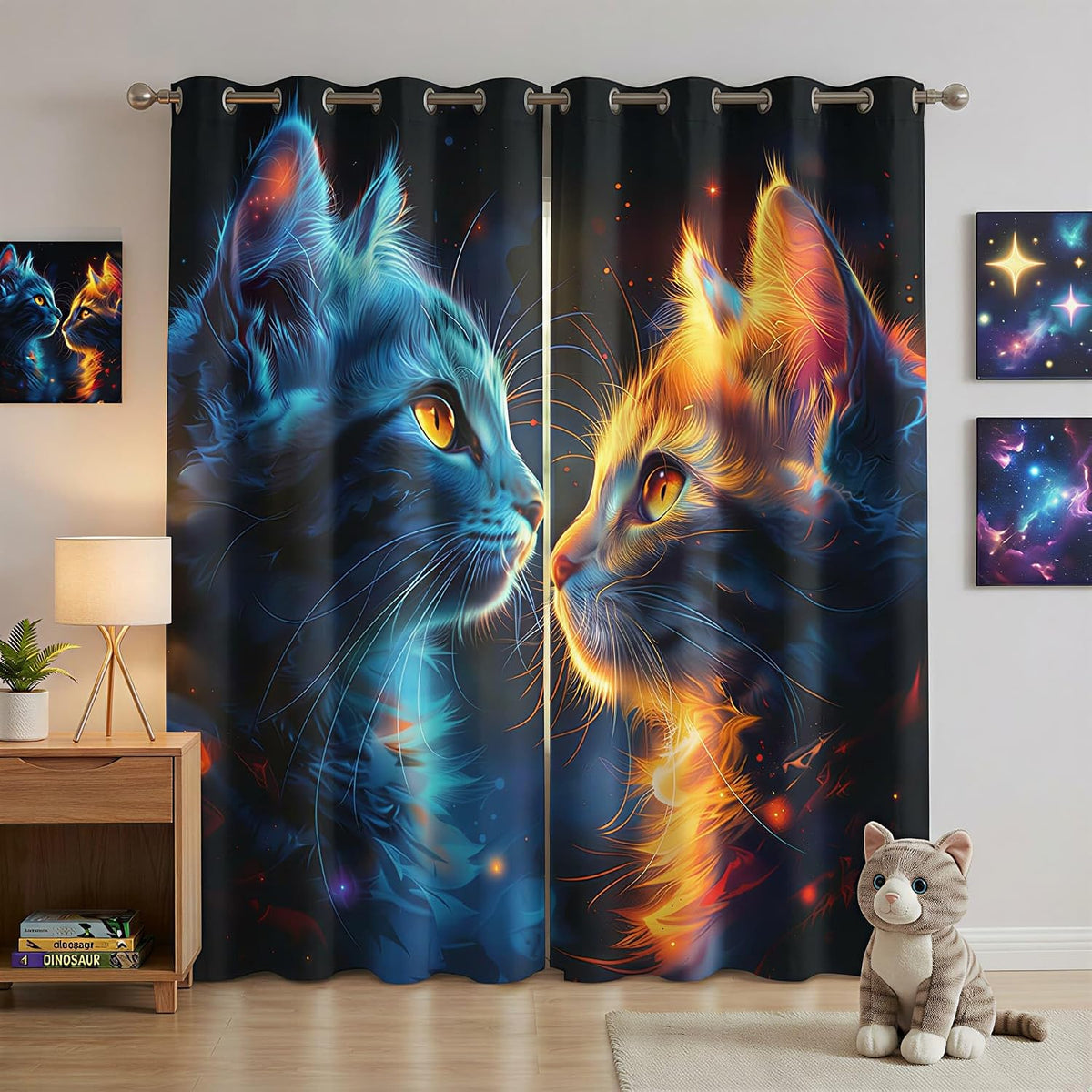 Cat Blackout Curtains for Bedroom Gamer Room, Neon Psychedelic Blue Orange Fire Kitten Window Drapes, Galaxy Fantasy Animal Room Darkening Curtains for Teens Boys, 42 X 45 Inch
