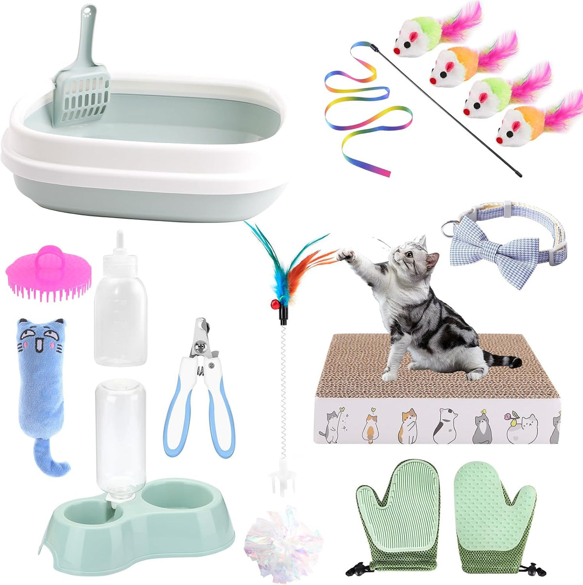 Kitten Starter Kit - 16 Pcs Cat Essentials Set Includes Litter Box