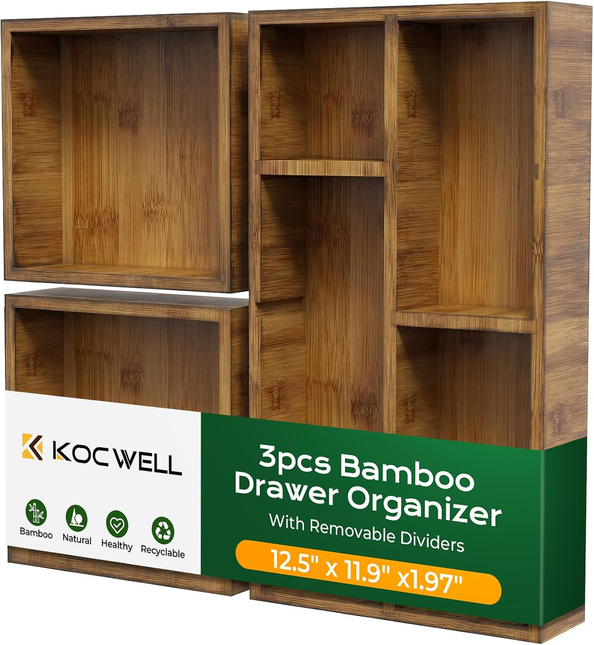 KOCWELL Bamboo Desk Drawer Organizer with Removable Dividers,Multi-Use Office Drawer Organizer Tray,Junk Drawer Organizers for Office,School,Kitchen,Makeup Supply(Carbon Brown)