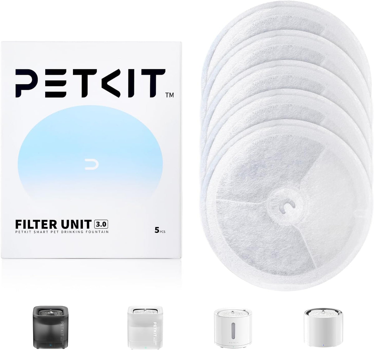 PETKIT Upgraded Filter Units 3.0 for PETKIT Pet Water Fountains Eversweet 2S/3/3 Pro,Eversweet Solo/Solo2/Solo SE & CYBERTAIL, Replacement Filters (5 Pcs)