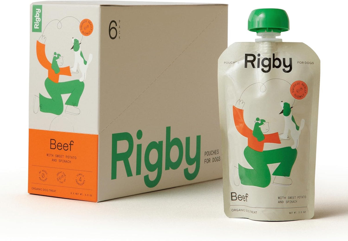 Rigby Organic Grass-Fed Beef Dog Squeeze Pouches — One Pouch Every Day for Meal Topping, Training, Pill Pockets, Lick Mats & Enrichment — Low-Calorie Real Food for Muscle & Recovery Support