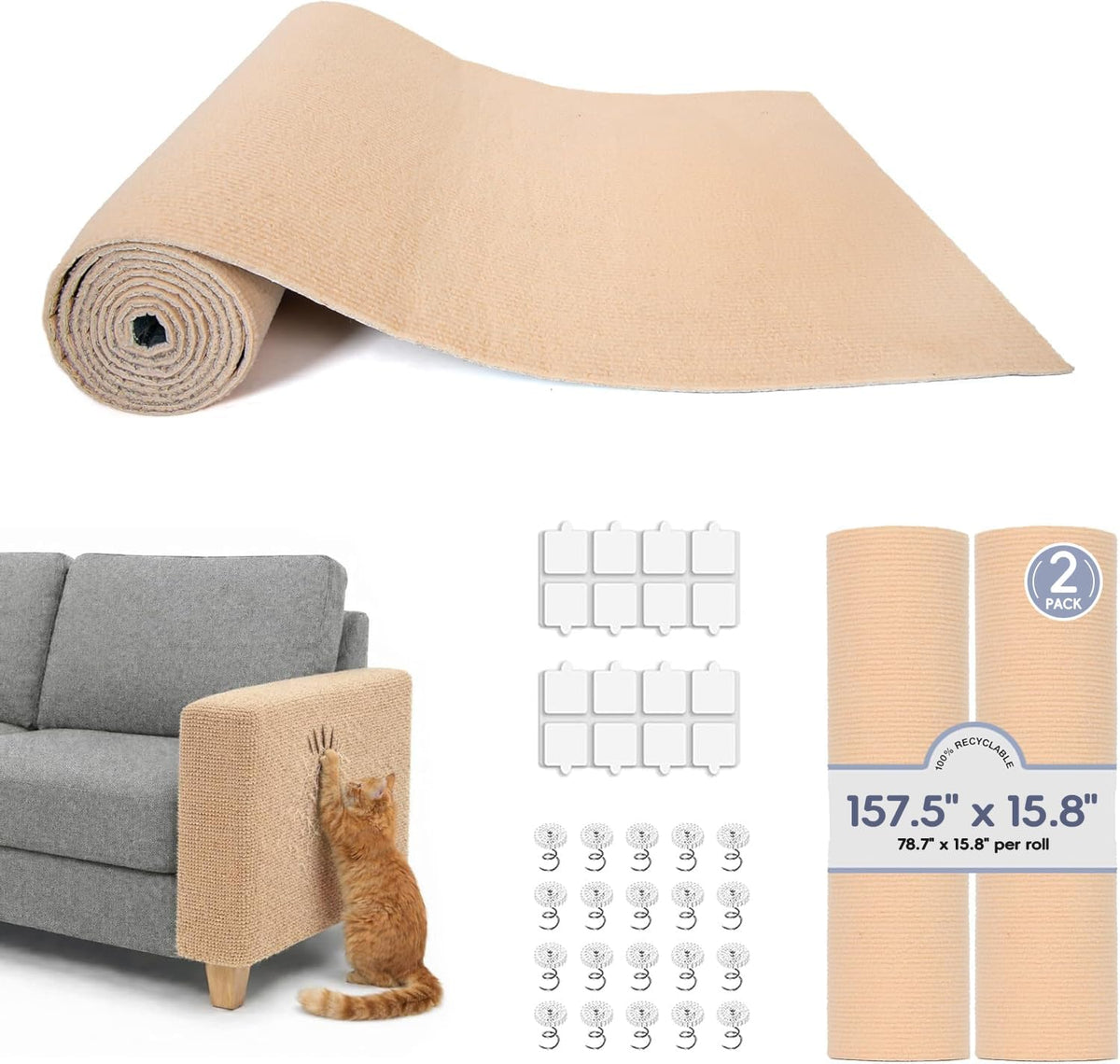 157.5" X 15.8" Cat Scratch Furniture Protector, Self-Adhesive Couch Protector from Cat Claws, Cats Scratching Mat for Couch, Sofa, Wall & Door, DIY Cat Scratch Pads Replacement, 2 Pack (Khaki)