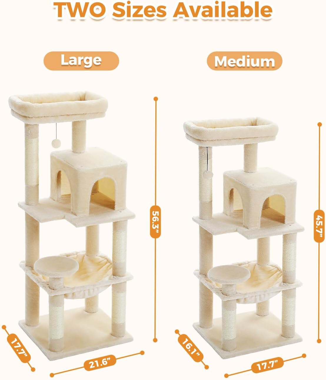 MUTTROS Cat Tree for Large Cats Adult with Metal Plush Big Hammock, 56.3" Cat Tower with 2 Door Condo House, 6-Tier Cat Shelves with Scratching Posts and Large Top Perch, Beige