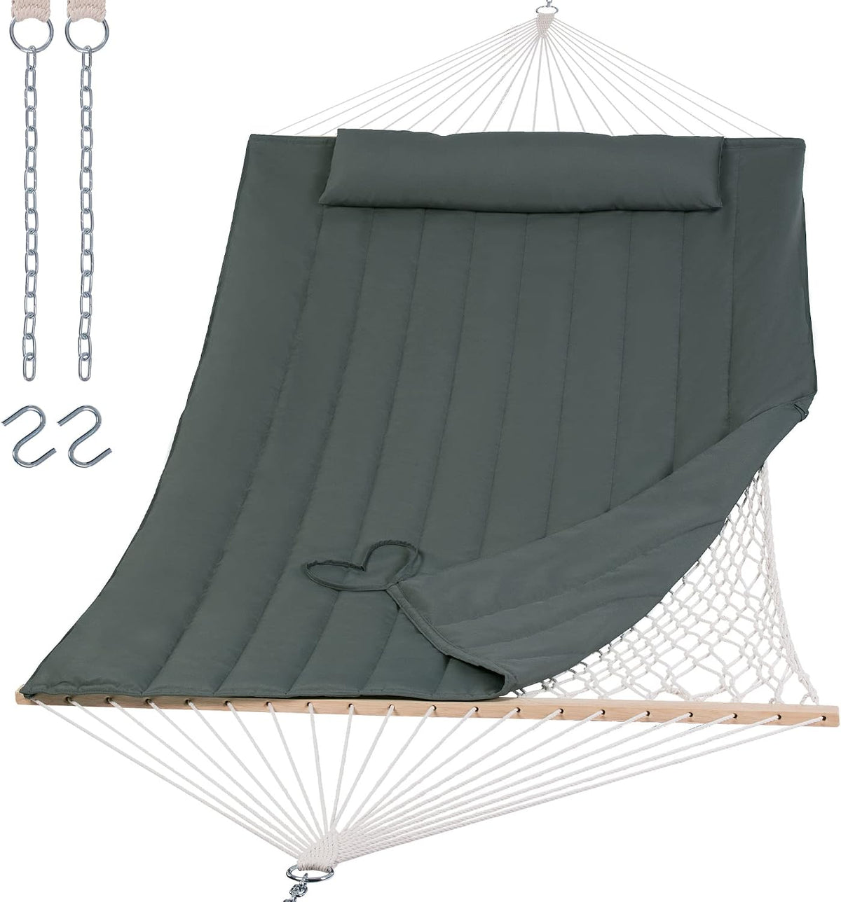 SUNCREAT Portable Double Rope Hammock with Pad, Two Person Tree Hammock for Garden, Backyard, Patio, Poolside, Gray Green
