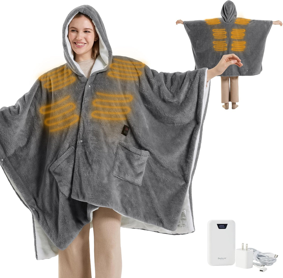 Bedsure Cordless Wearable Heated Blanket Hoodie, Grey Portable Heated Shawl