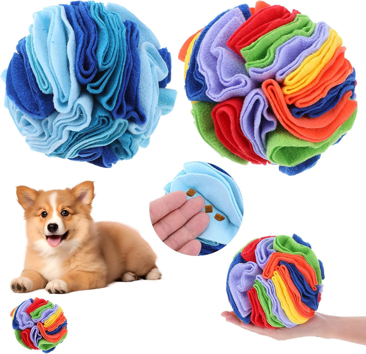 2 Packs Snuffle Ball for Dogs - Sniffle Interactive Treat Ball, Stress Relief, Slow Feeder, Puzzle Toy for Small Medium Dogs Cats, Soft Polar Fleece, Rainbow & Ocean Blue, 5.9 Inches