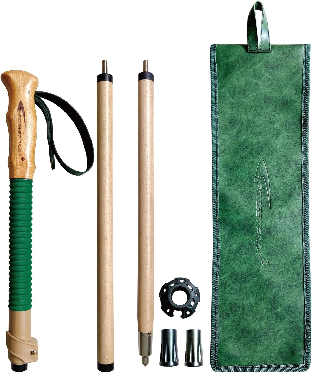 FOREST PILOT Trekking Poles- 1-Pc Pack - Adjustable Hiking or Walking Stick –Strong, Natural Beech Wood - Quick Adjust Flip-Lock - Beech Wood Grip, Leather Strap