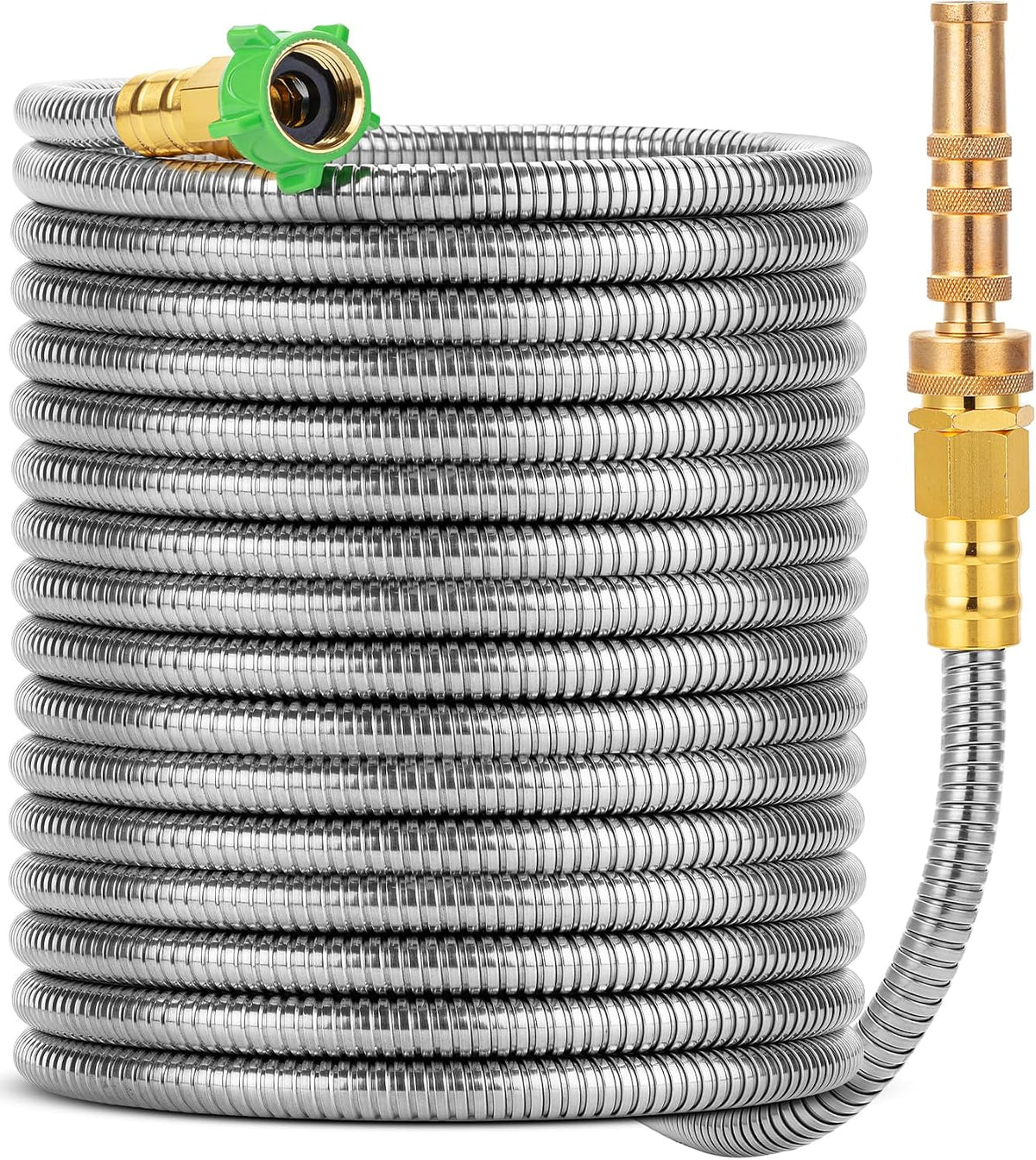 UNCO- Stainless Steel Metal Hose with 4 Function Brass Nozzle, 50 Ft, No Kink, Metal Garden Hose