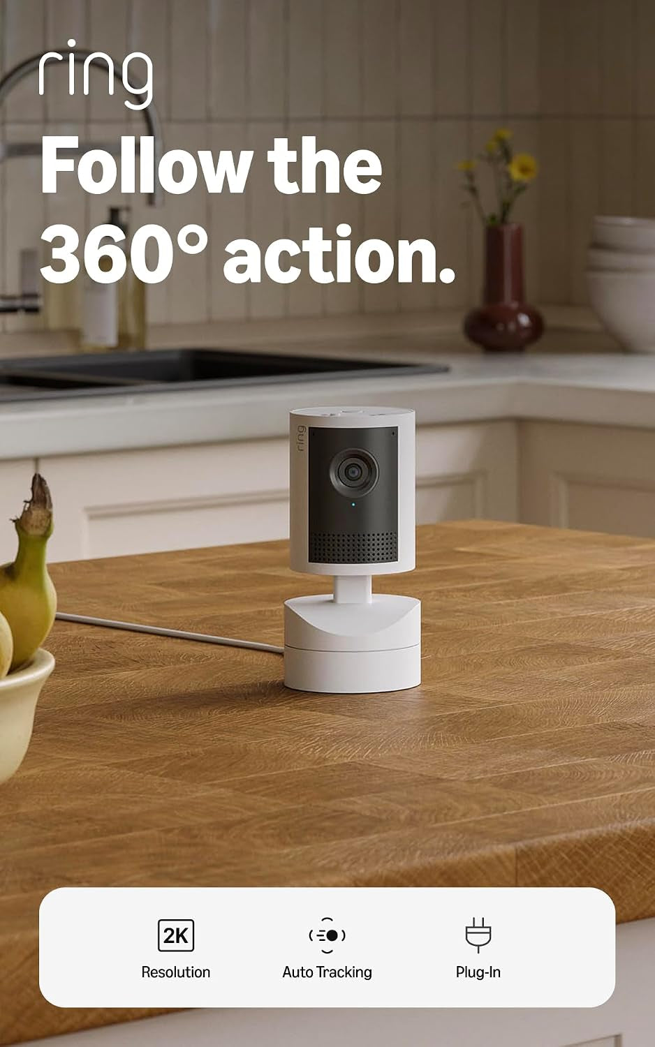 Ring Pan-Tilt Indoor Cam 2K (Newest Model), Plug-In, 360° Coverage, Auto Tracking, Retinal 2K Video, 6X Enhanced Zoom, White