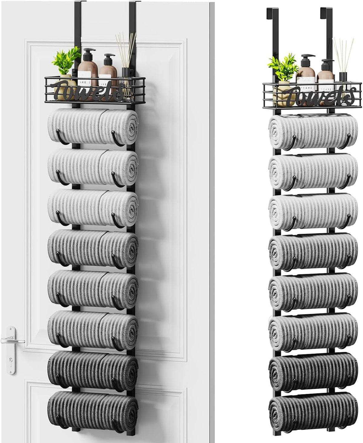Hanging Towel Racks for Bathroom - 9 Tier over the Door & Wall Mounted Bath Rolled Towel Storage Organizer Holder for Small Bathroom, RV, Camper, Black (Patented)