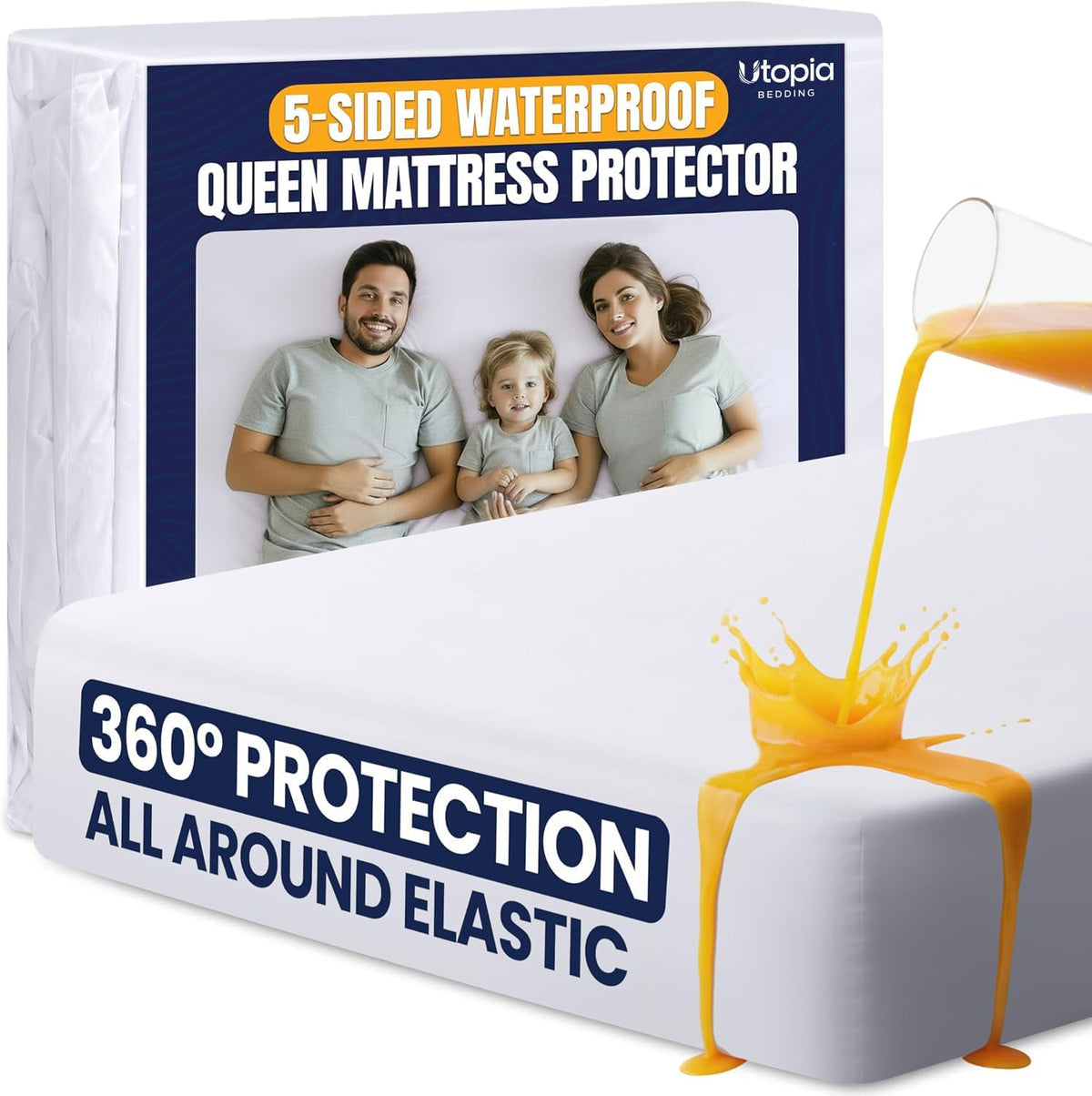 5-Sided Waterproof Mattress Protector Queen Size, Fits Upto 17" Deep Pocket