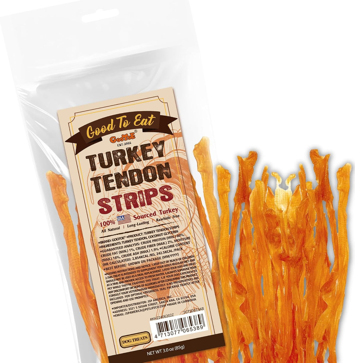 Gootoe Turkey Tendons for Dogs, Natural Chews, Strips, 3 Oz Pack