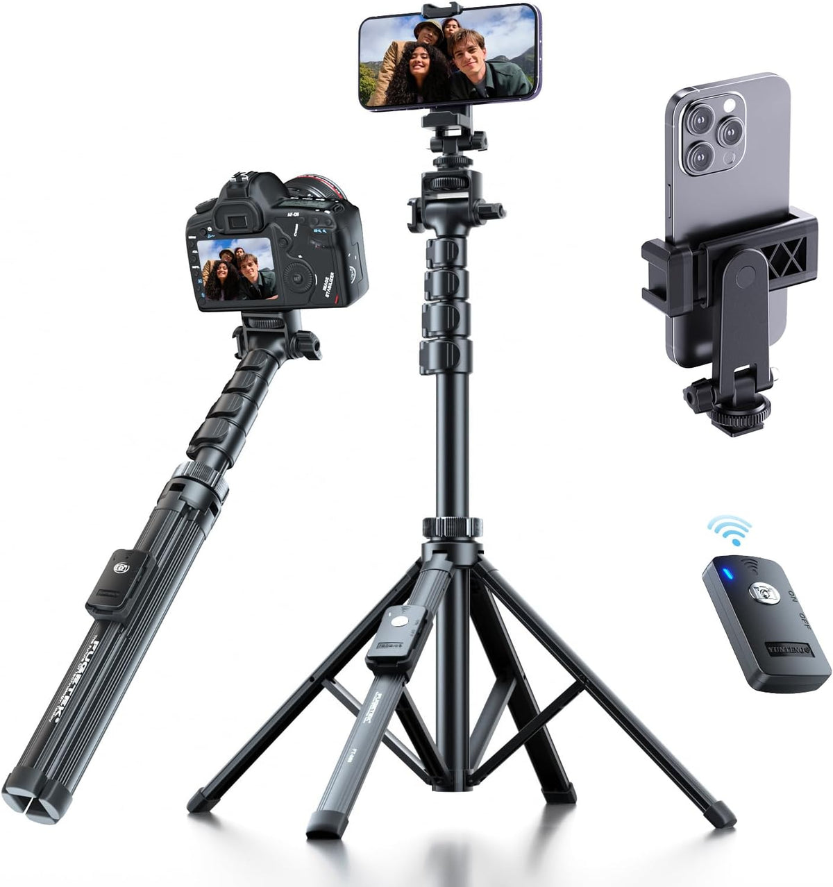 Fugetek 62" Professional Cell Phone Tripod, Ultra Stable 4 Leg Design, Bluetooth Remote, 100% All Aluminum Stick & Legs, Portable All in One, 360° Phone Mount with 2 Cold Shoe Slots, Non Skid Feet