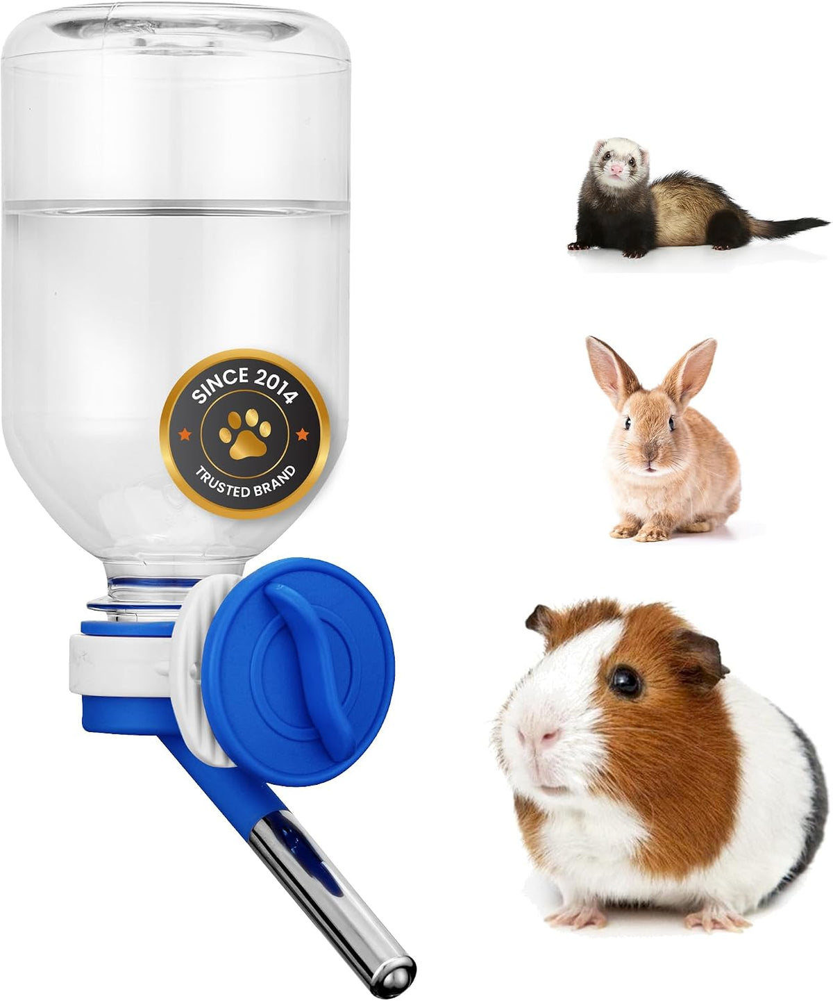Choco Nose No-Drip Water Bottle Feeder for Guinea Pigs, Hamsters, Bunnies, Ferrets, & Small Pets, 10.2 Fl.Oz, 300Ml - Easy to Install in Cages/Crates, US Patented Leakproof Nozzle 10Mm, Blue (C128)