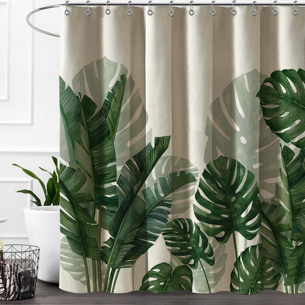 Linen Shower Curtain Tropical Green Leaf Shower Curtains Botanical Banana Monstera Leaf Palm Tree Water Repellent Heavy Duty Fabric Cloth Shower Curtain for Bathtubs Hotel 72 W X 72 L Inch