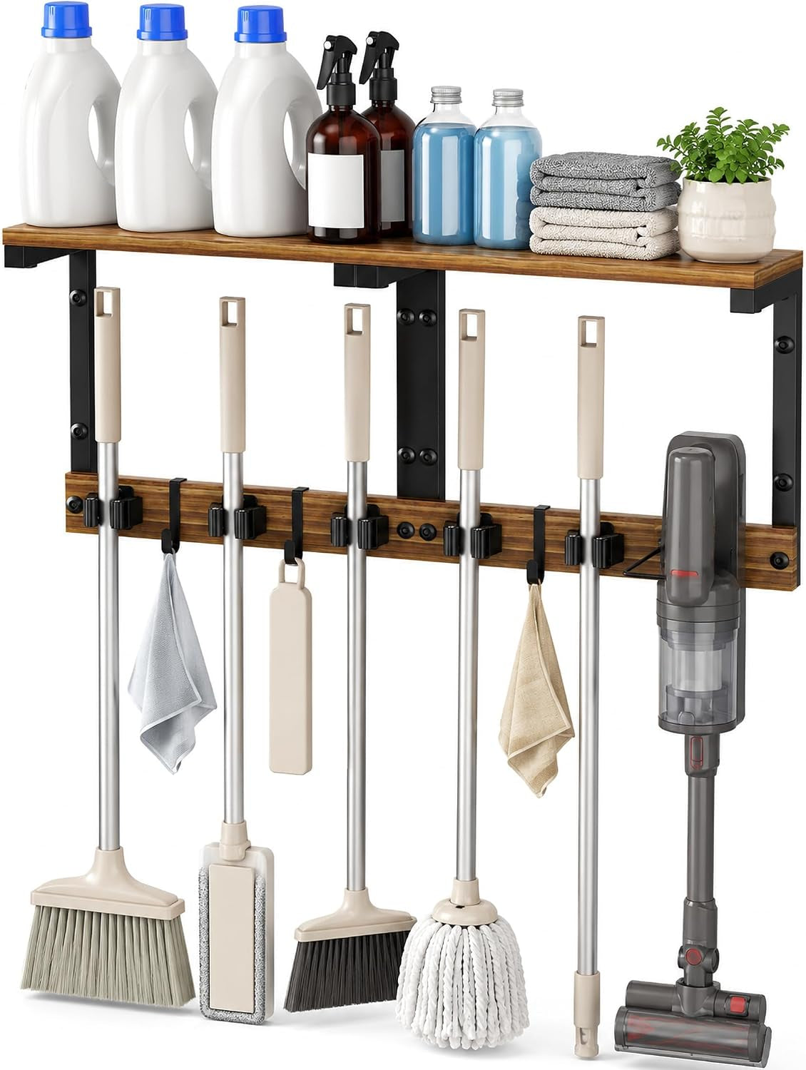 Broom and Mop Holder Wall Mount, 27" Large Organizer with Wood Shelf