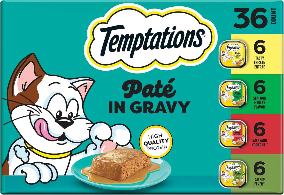 Temptations Pate in Gravy Adult Wet Cat Food Tasty Chicken Entree, Seafood Medley, Backyard Cookout, and Catnip Fever, 3.5 Oz. Trays (36 Count, Pack of 1)
