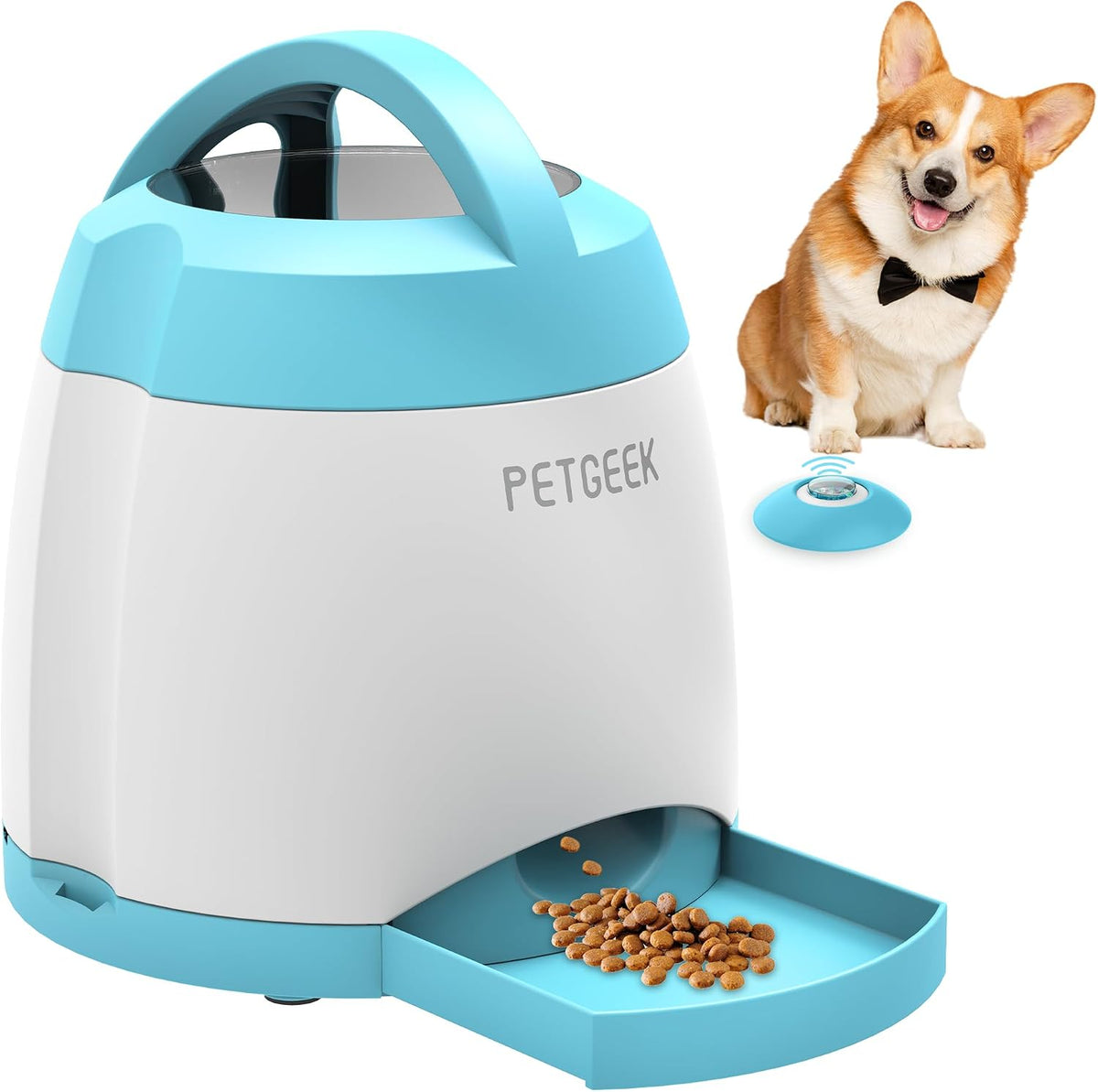 PETGEEK Automatic Dog Treat Dispenser, Interactive Pet Toy Food Dispensing for IQ Training, Dog Food Dispenser with Button Remote Push, Dual Power Supply for Indoor Outdoor Use, Blue