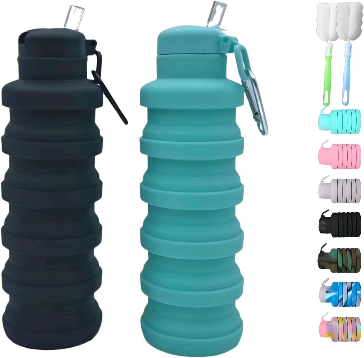 Collapsible Water Bottles 2 Pack with Brush 500Ml (Black+Aqua Blue)