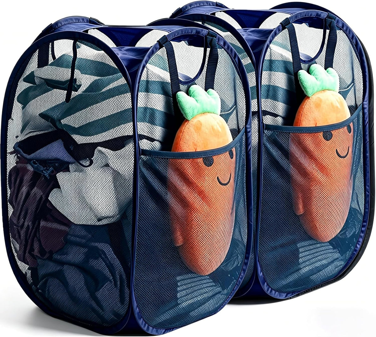 HOUSE AGAIN 2Pack Strong Mesh Pop up Laundry Hamper, 70L Collapsible Laundry Basket with Steel Frame, Double‑Stitched Handles & Side Pocket, Foldable Dirty Clothes Hamper for Dorm, Bedroom, Blue
