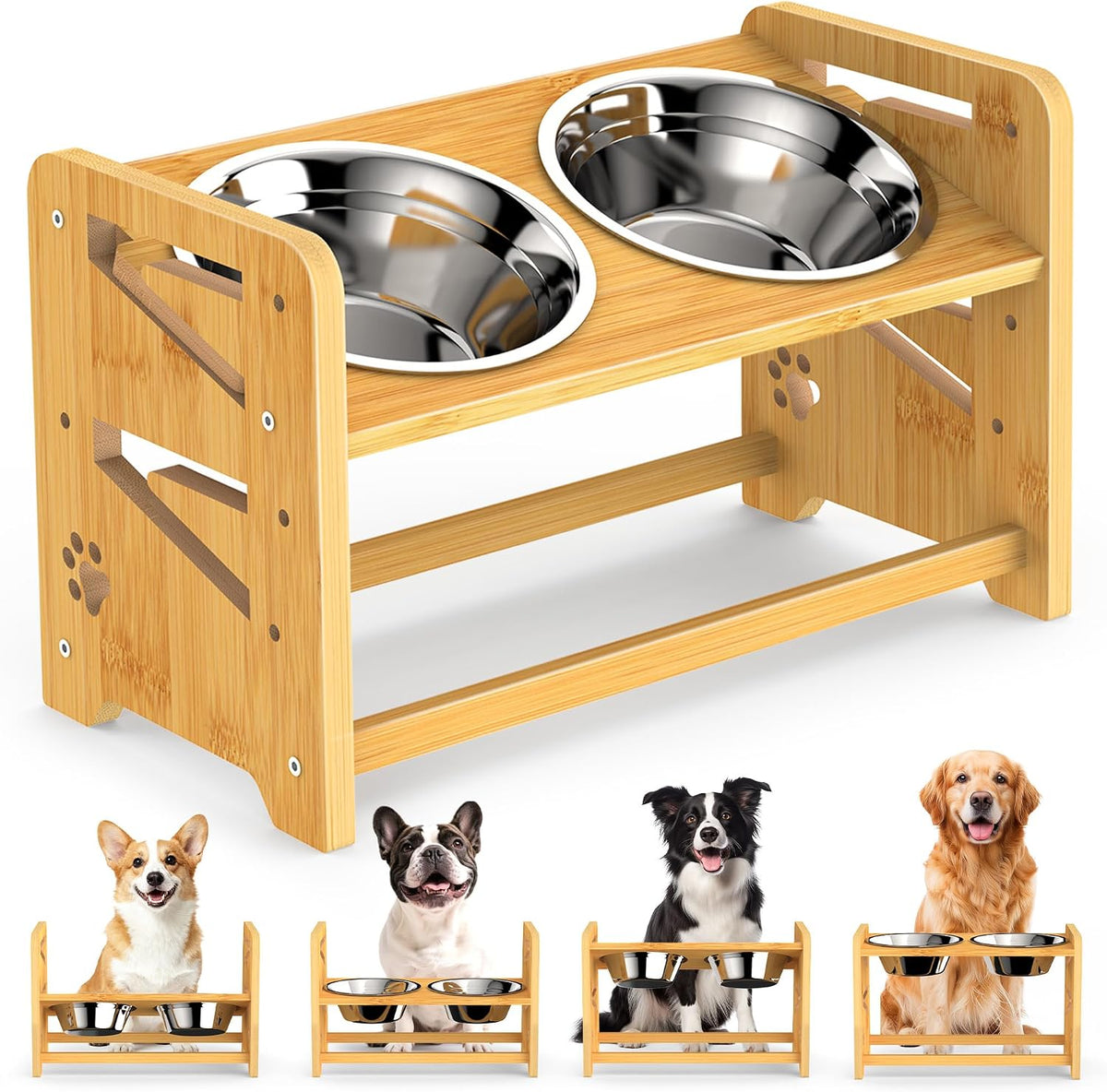 Elevated Dog Bowls, Adjustable Raised Dog Bowl Stand for Medium and Small Dog, 11" High Bamboo Pet Food Feeder with 2 Stainless Steel Dishes(4 Heights)