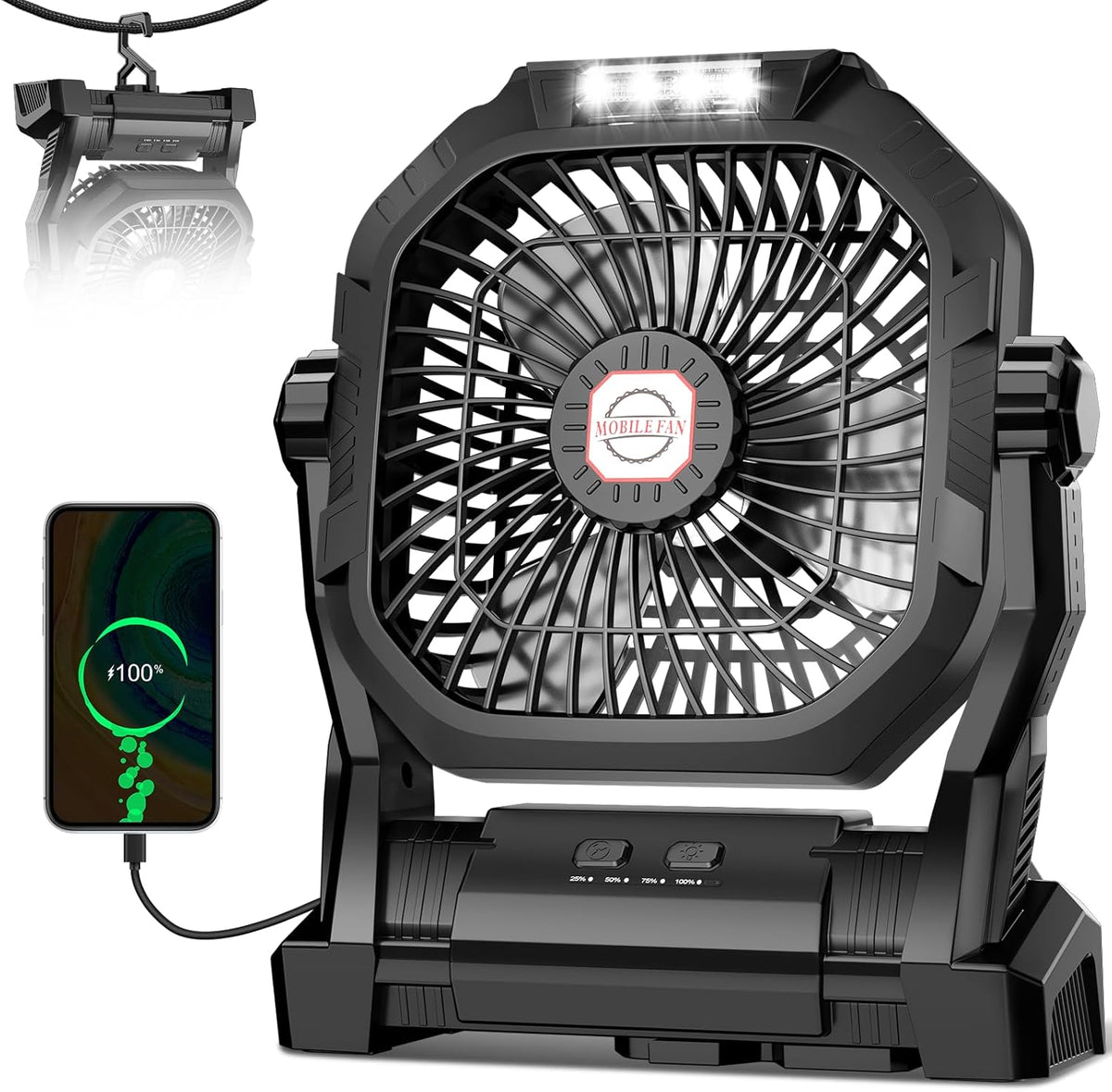 ROSHOPI Camping Fan Rechargeable, Battery Powered Portable Fan with LED Light & Hook, 4-Speed 270° Adjustable, Camping Essentials for Tent, Travel, Car, Outdoor, Indoor, BBQ, Fishing, Jobsite