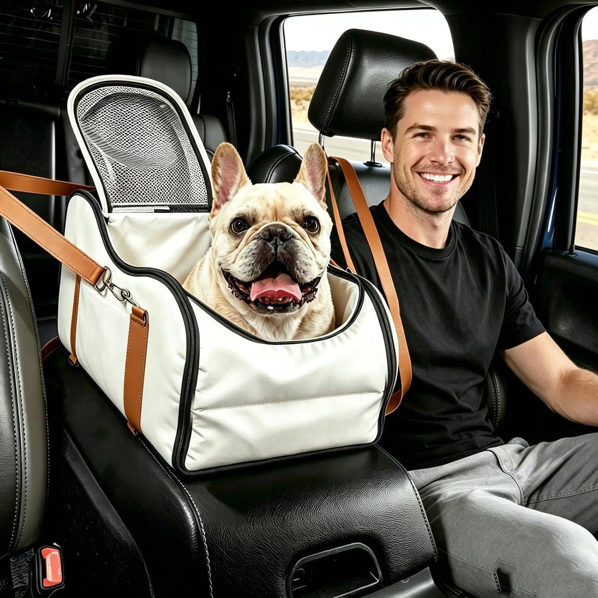 Portable Dog Car Seat Center Console for Travel, Washable Cushion and Storage Pocket, Small Dog Car Carrier Backpack 15-20 Lbs, Pet Cat Booster Seat with Safety Leash, Adjustable Straps