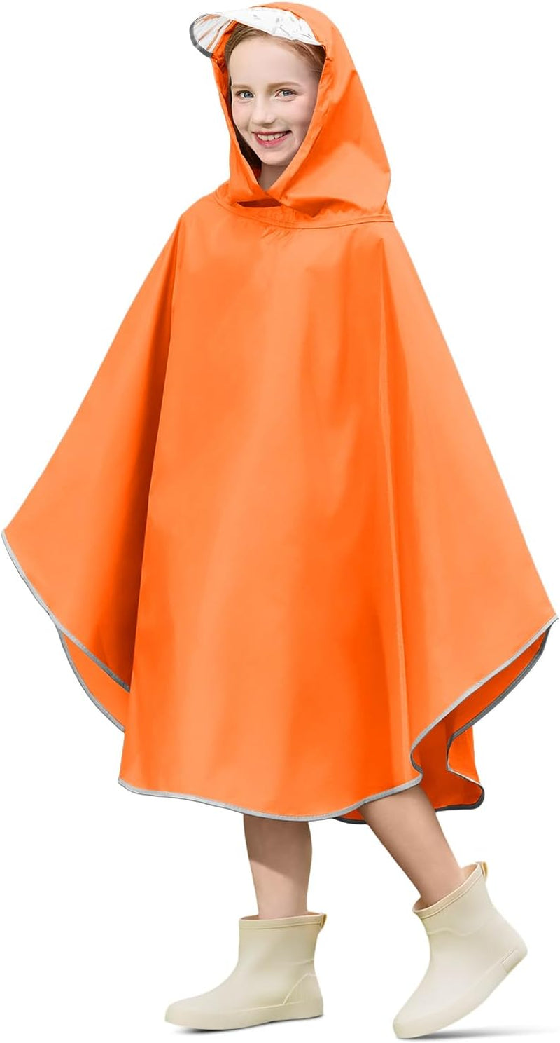 Haloumoning Kids Hooded Rain Poncho Girls Waterproof Lightweight Reusable Raincoat Jacket 4-14 Years