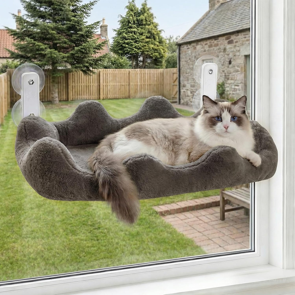 Homegroove Cat Window Perch, 24 X 12 Inch Foldable Cat Hammock for Window with 4-Sided Bolster & 4 Large Suction, Cloud Shape Cordless Window Bed for Indoor Cats (Gray, Large(24'' X 12''))