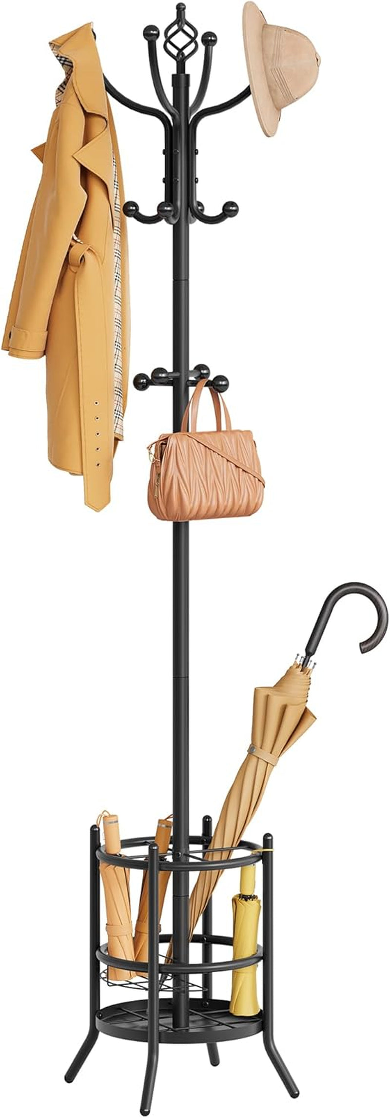Tajsoon Coat Rack with Umbrella Holder, Coat Stand with 16 Hooks, Black