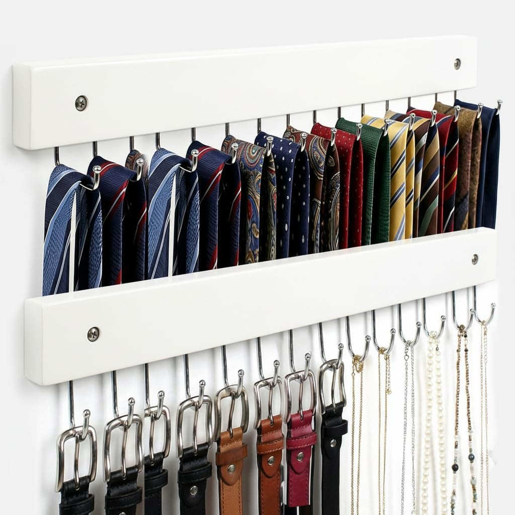 2Pack Wall-Mounted Tie & Belt Rack Organizer, Wooden with 28 Rotating Hooks