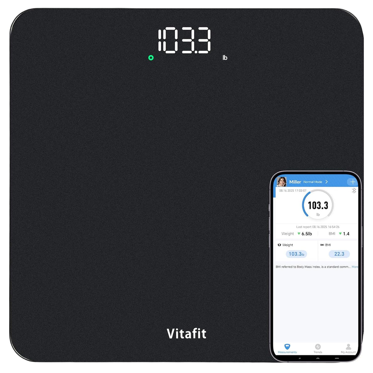 Vitafit Smart Digital Bathroom Scale for Body Weight, High Precision Assured by Weight Scale Professional Factory since 2001, BMI with App, 400Lb in 0.1Lb, Spray Silver Black
