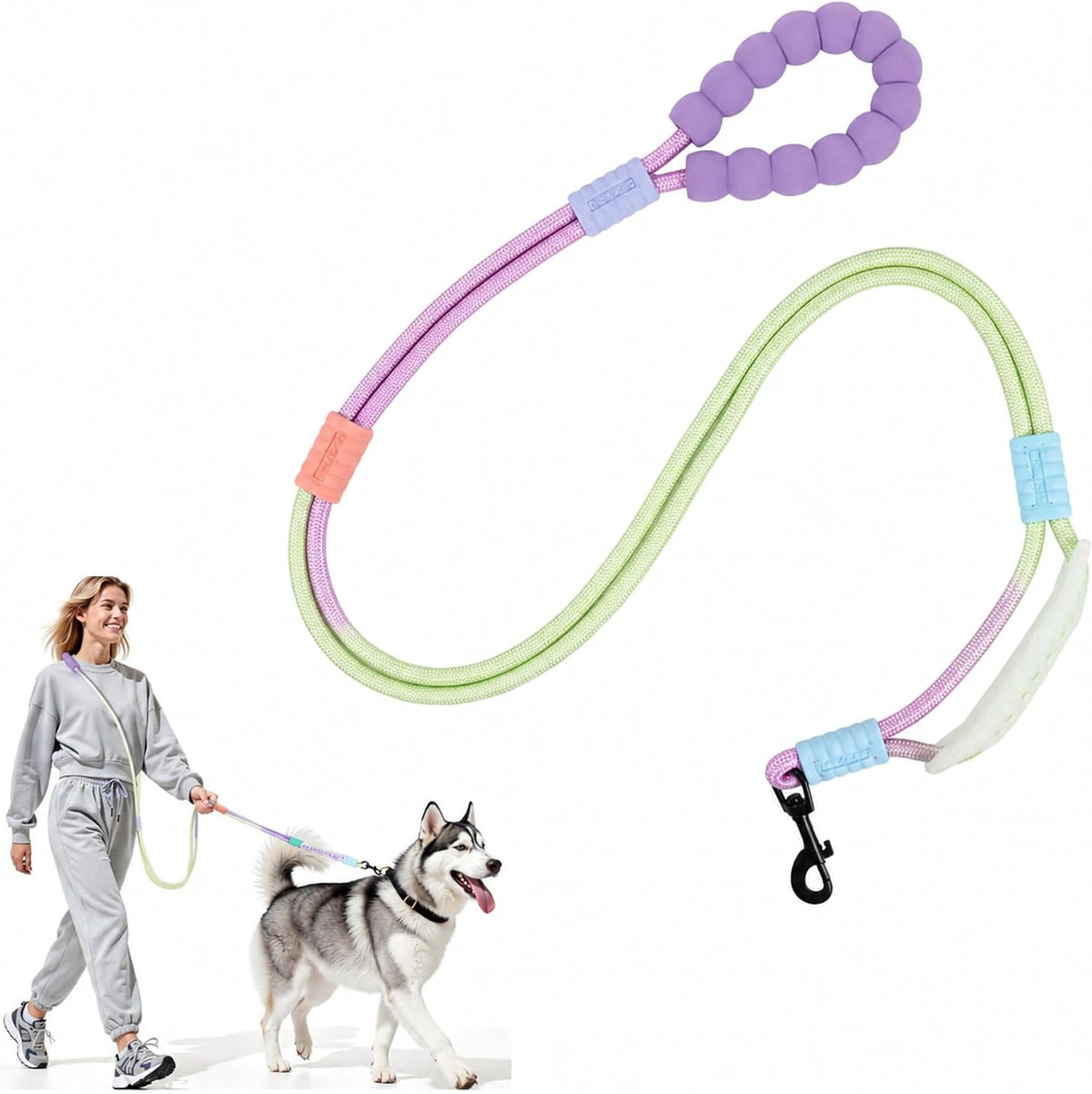 Hands Free Dog Leash, Double Handle Leash 5.5FT Purple-Green