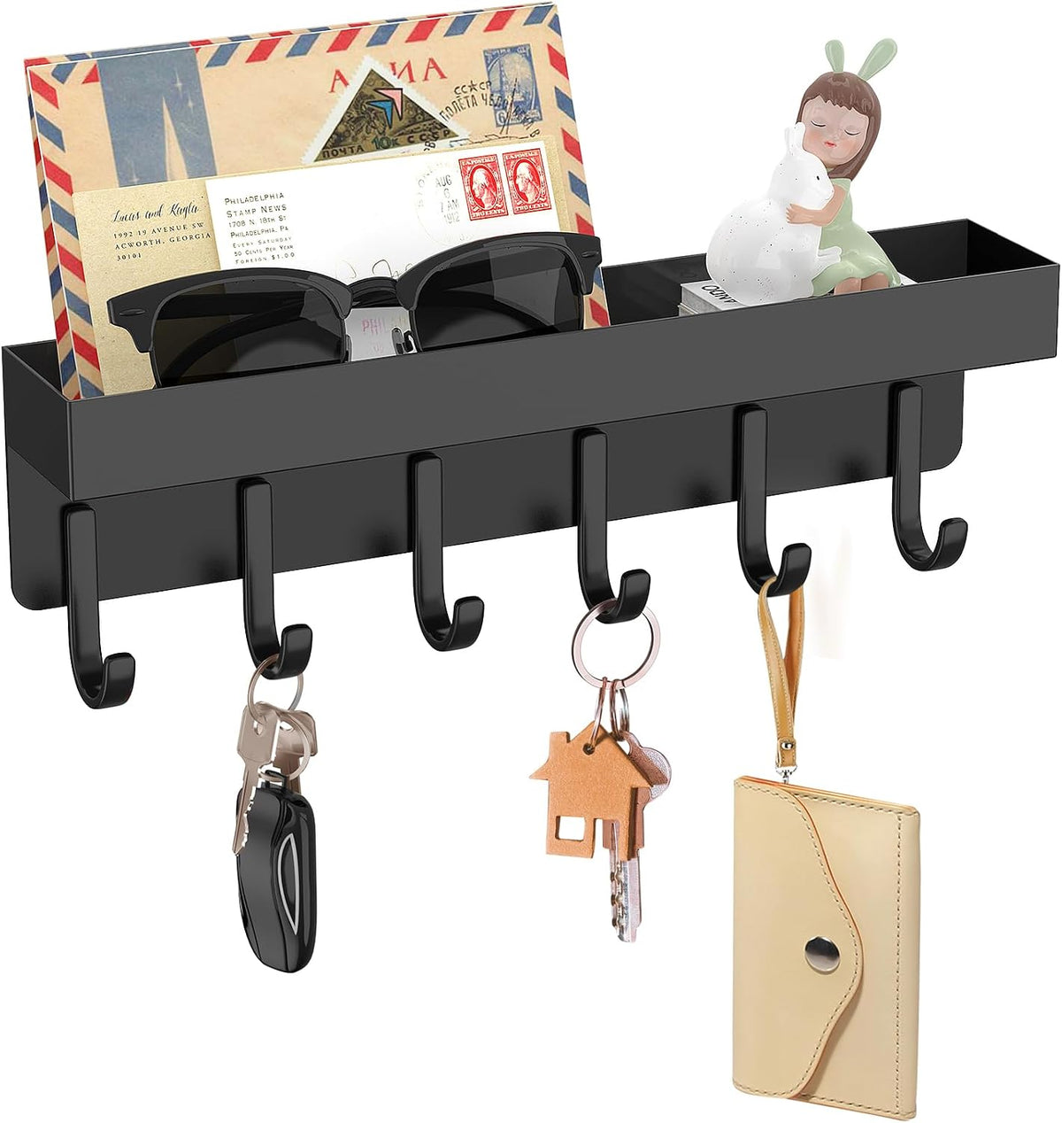 Magnetic Key Holder, Wall Mount Key Rack with Shelf, 9.65 In, Black