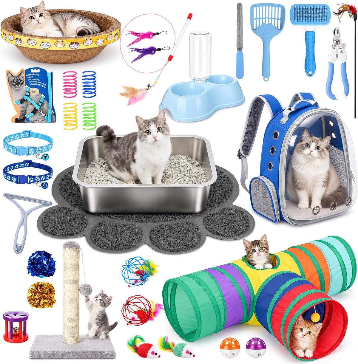 31 Pcs Kitten Starter Kit Cat Essentials for Indoor, Blue