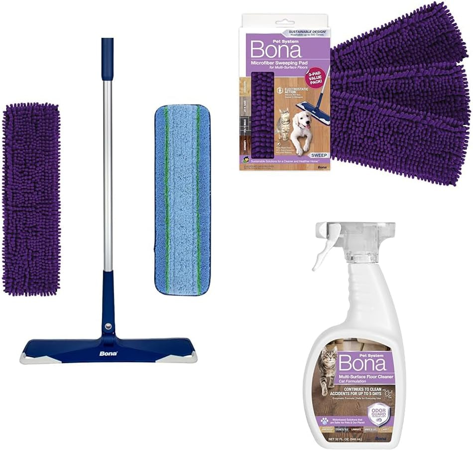 Bona Pet System Bundle for Cats - Includes Premium Pet Microfiber Mop for Multi-Surface Floors + Pet System Microfiber Sweeping Pad + Floor Cleaner, Cat Formulation 32 Fl Oz