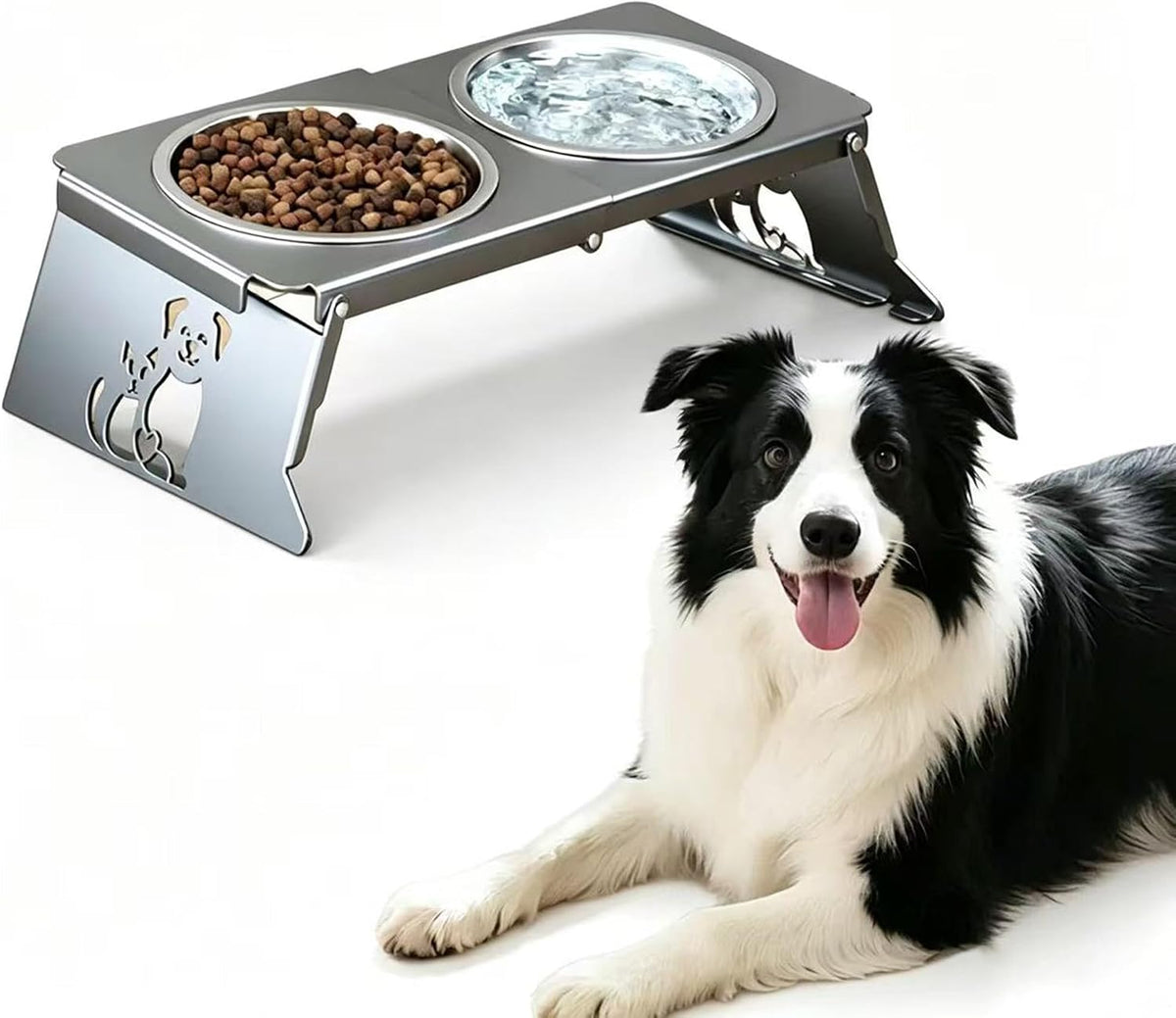 Elevated Foldable Dog Bowls, Raised Pet Feeder with 2 Stainless Steel Bowls