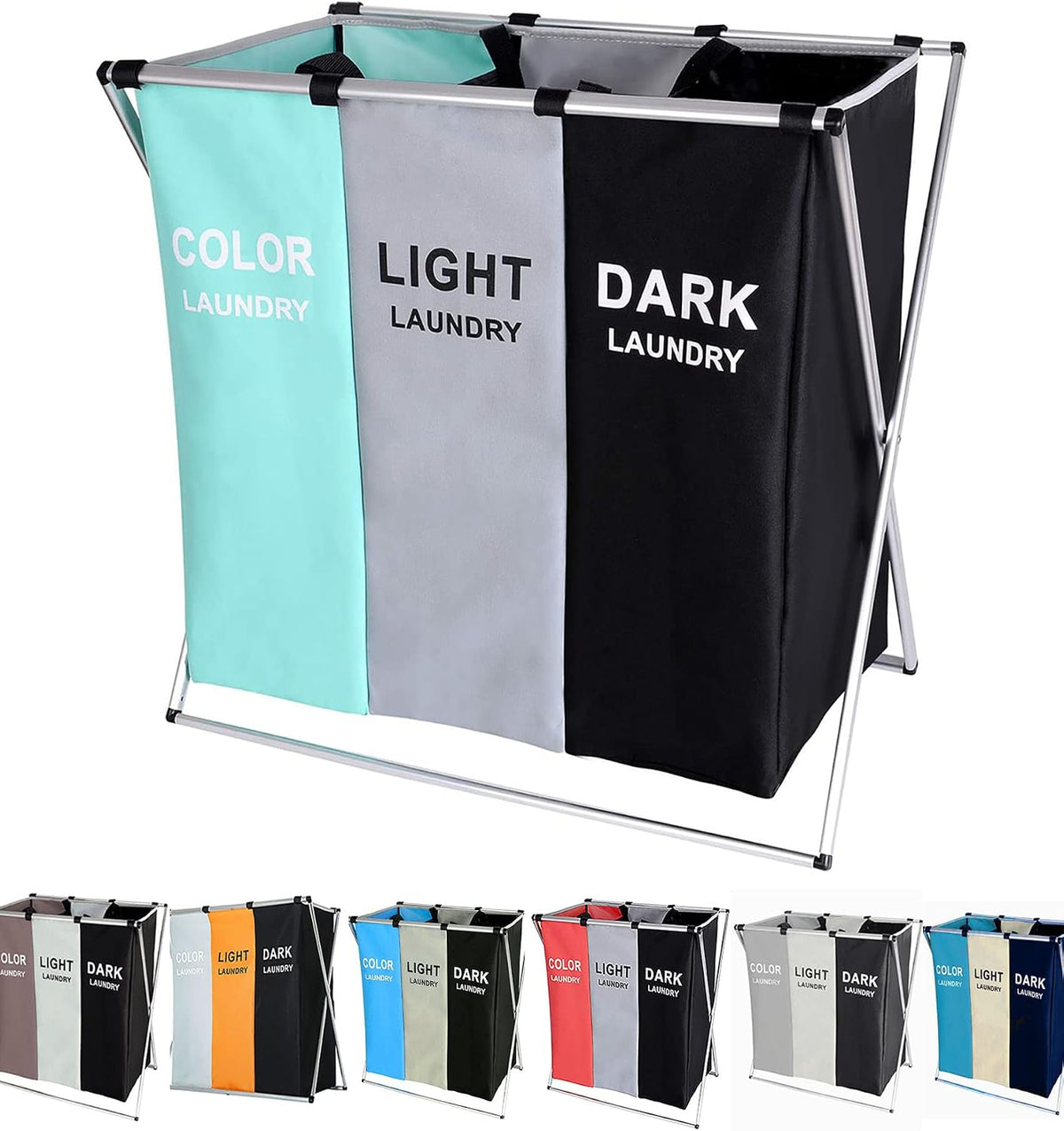 135L Laundry Cloth Hamper Sorter Basket Bin Foldable 3 Sections with Aluminum Frame 26''×24''H Washing Storage Dirty Clothes Bag for Bathroom Bedroom Home Storage Basket (3 Liner, Green+Grey+Black)
