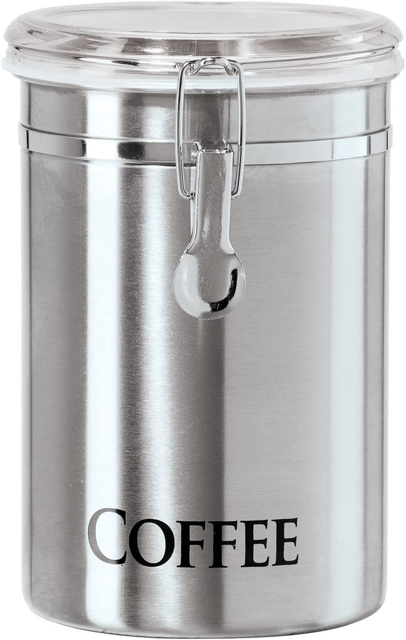 Oggi Stainless Steel Coffee Canister 62 Fl Oz - Airtight Clamp Lid, Clear See-Thru Top - Ideal for Coffee Bean Storage, Ground Coffee Storage, Kitchen Storage, Pantry Storage. Large Size 5" X 7.5".