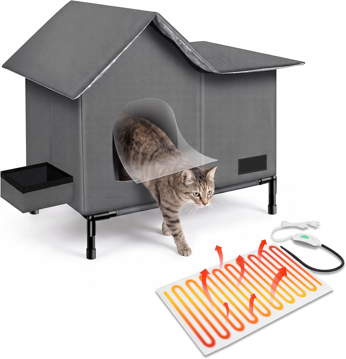 Heated Cat House,Removable Weatherproof Cat Houses for Outdoor Cats with Heating Pad (Gray, Medium)